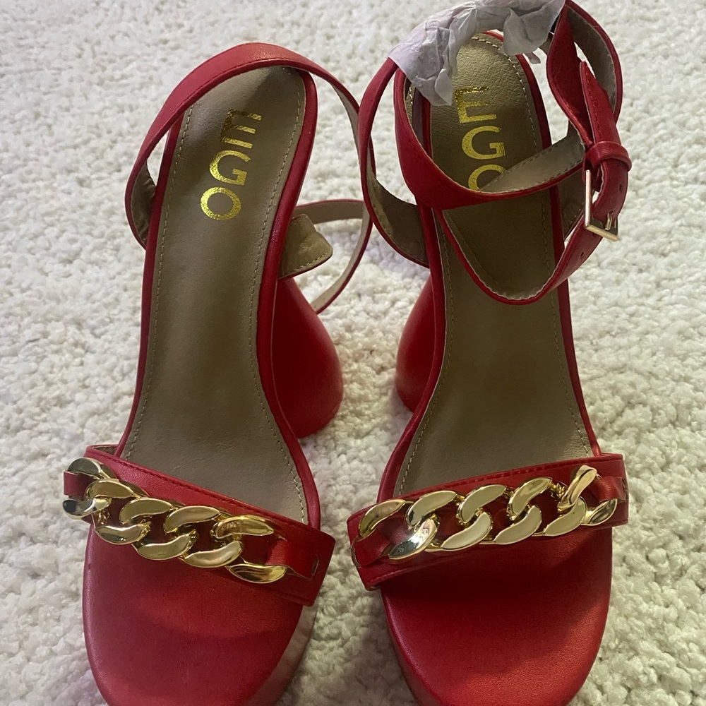 EGO red platform heel with gold chain